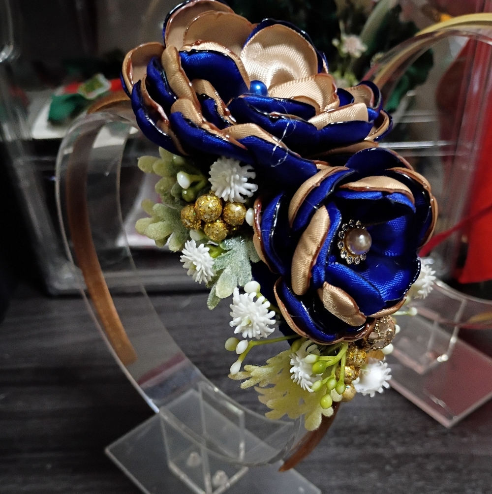 Elegant Blue and Gold Floral Headband